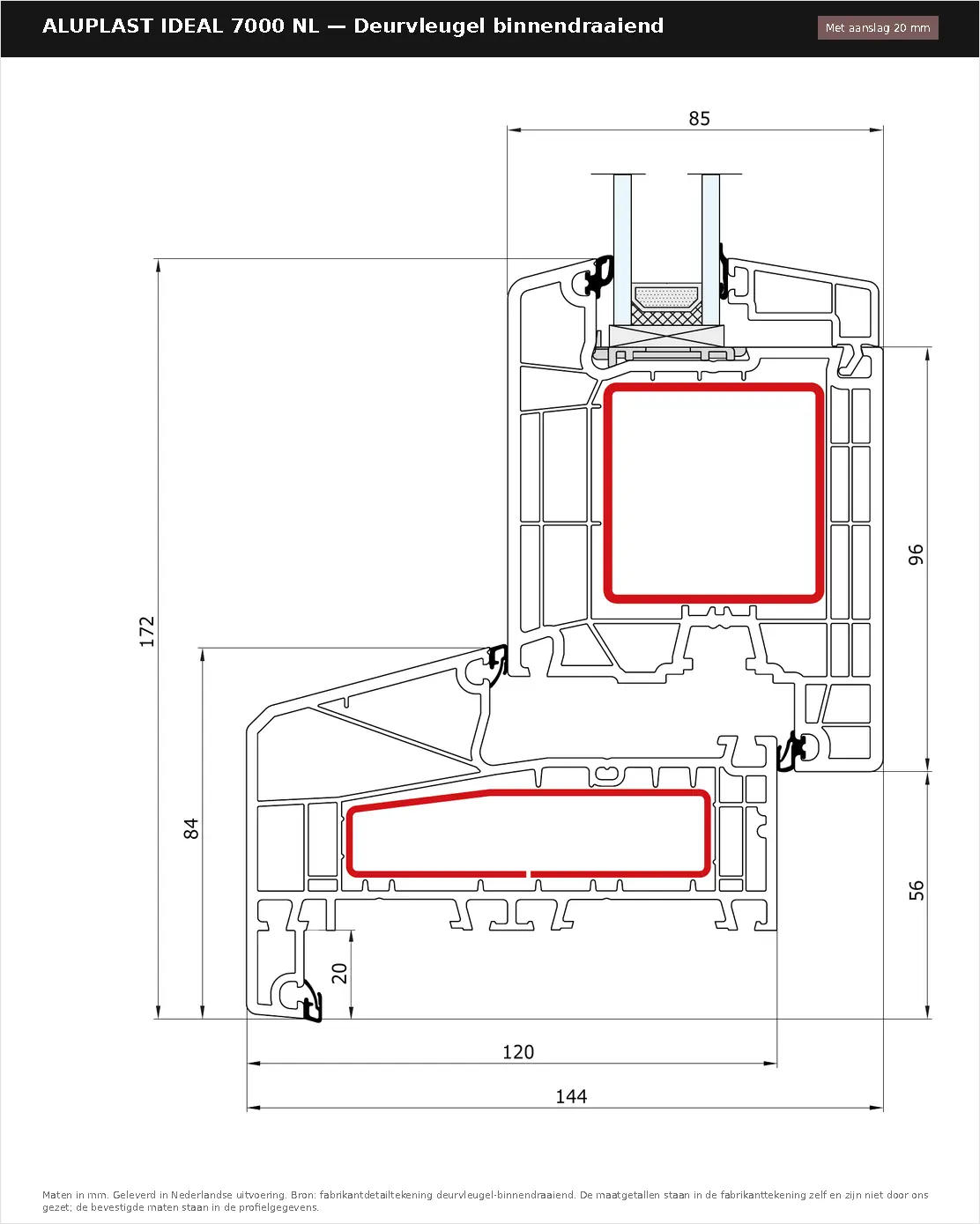 Detailtekening Deurvleugel binnendraaiend — met aanslag 20 mm van Aluplast Ideal 7000 NL, blad 1