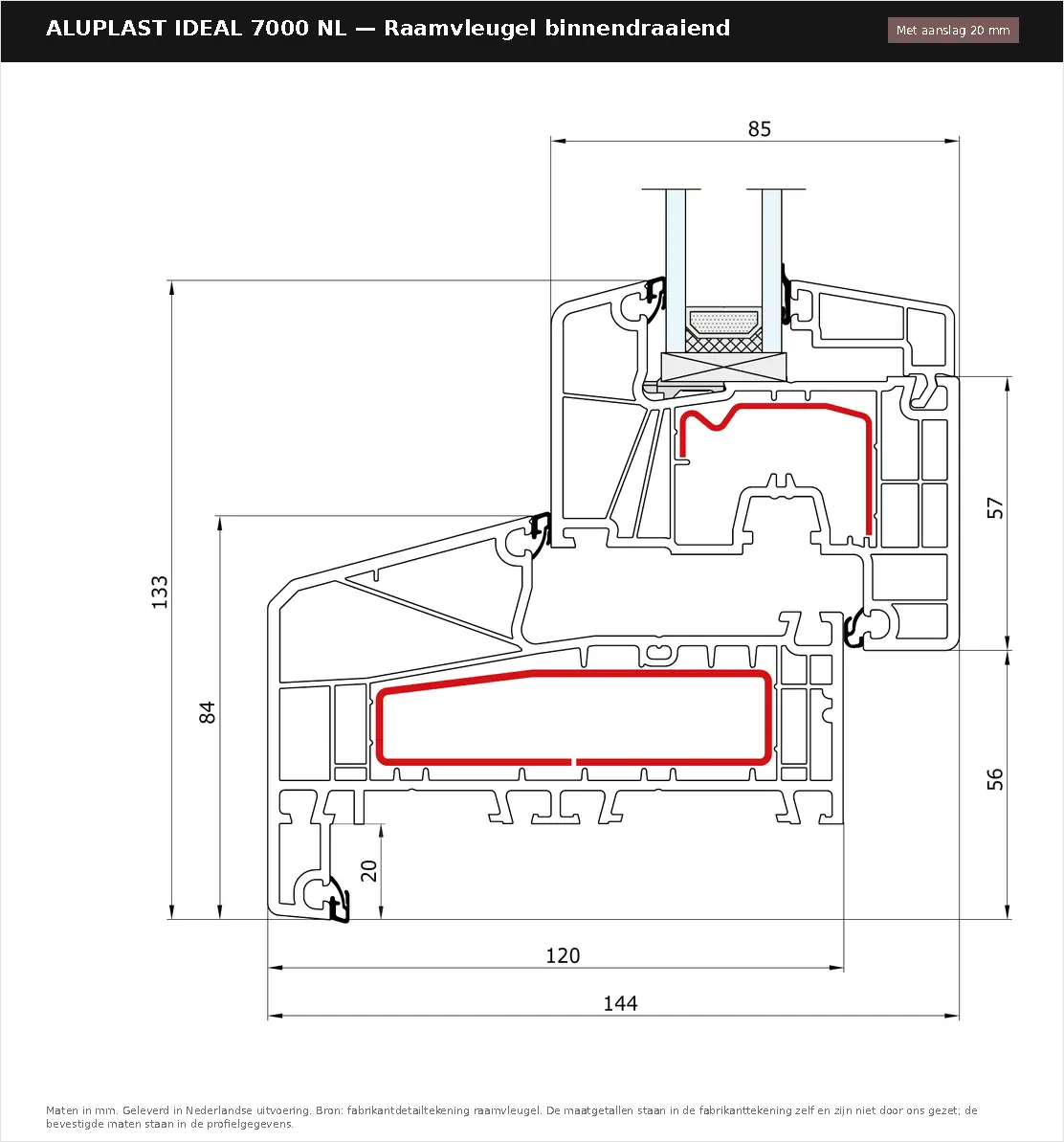 Detailtekening Raamvleugel binnendraaiend — met aanslag 20 mm van Aluplast Ideal 7000 NL, blad 1
