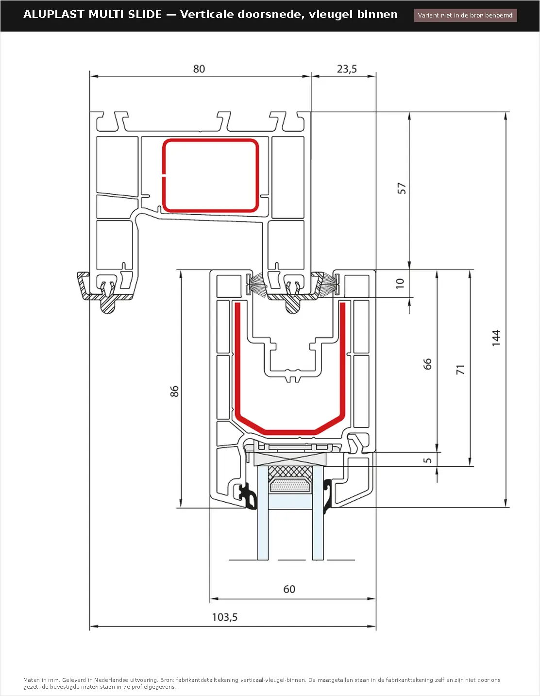 Detailtekening Verticale doorsnede, vleugel binnen van Aluplast Multi Slide, blad 1