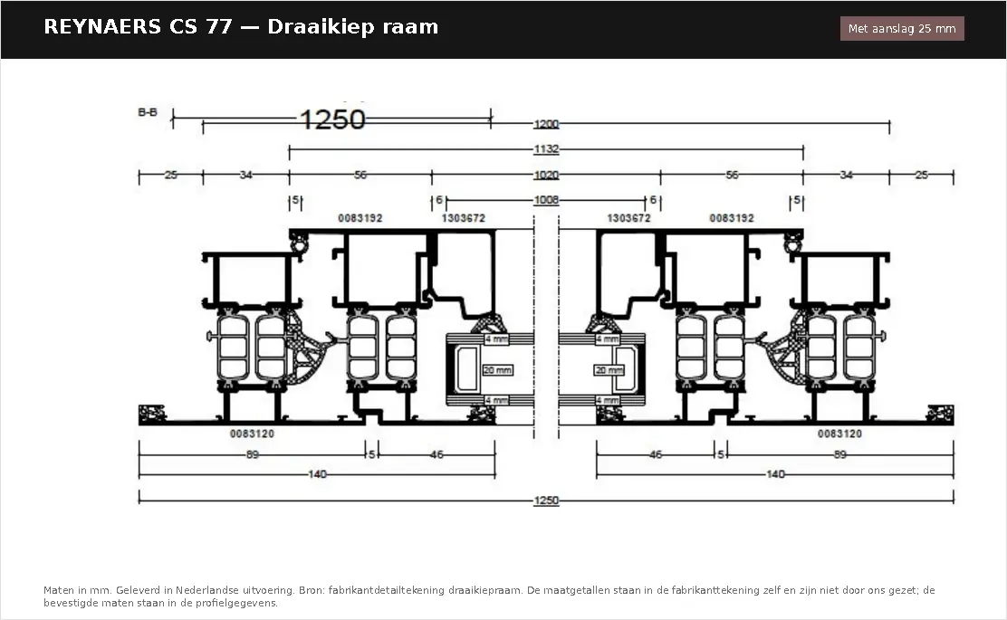 Detailtekening Draaikiep raam — met aanslag 25 mm van Reynaers ConceptSystem 77, blad 1