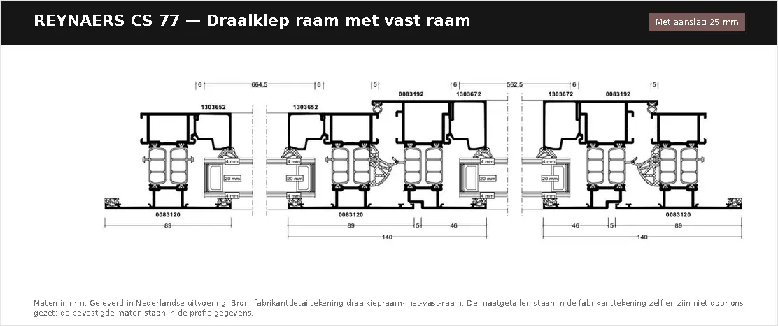 Detailtekening Draaikiep raam met vast raam — met aanslag 25 mm van Reynaers ConceptSystem 77, blad 1