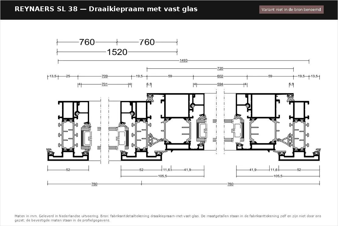 Detailtekening Draaikiepraam met vast glas van Reynaers SlimLine 38, blad 1