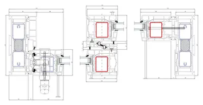 Fabrieksdoorsneden Aluplast HST 85, horizontale doorsneden door kader, vleugels en middenstijl van een hefschuifpui, kader 197 mm diep