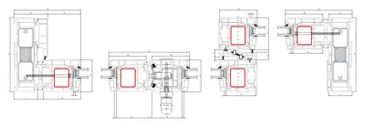 Fabrieksdoorsneden Aluplast HST 85, horizontale doorsneden van de aansluitingen van een hefschuifpui, met de vergrendeling tussen de vleugels