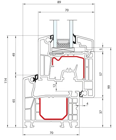 Fabrieksdoorsnede Aluplast Ideal 4000, kader en draaivleugel zonder aanslag, samen 114 mm in het zicht, kader 70 mm diep