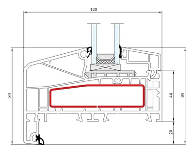 Fabrieksdoorsnede Aluplast Ideal 7000 NL, kader met vast glas en een aanslag van 20 mm, 120 mm diep en 84 mm in het zicht