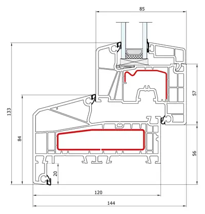 Fabrieksdoorsnede Aluplast Ideal 7000 NL, kader en draaivleugel met een aanslag van 20 mm, samen 133 mm in het zicht, kader 120 mm en vleugel 85 mm diep