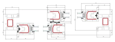 Fabrieksdoorsnede Aluplast Multi Slide, horizontale doorsnede van een tweedelige schuifpui, kader 66 mm en vleugel 86 mm in het zicht
