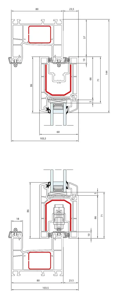 Fabrieksdoorsneden Aluplast Multi Slide, verticale doorsneden boven en onder van de schuifvleugel, kader 80 mm diep