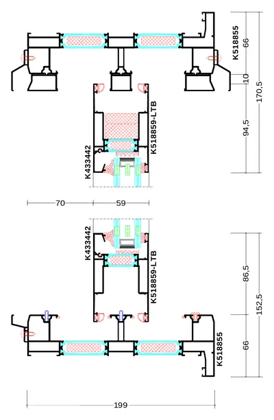 Fabrieksdoorsnede Aluprof MB-59HS, verticale doorsnede door boven- en onderkader van de hefschuifpui met de vleugel van 59 mm ertussen, kader 199 mm breed en 66 mm hoog, glas 6-16-6