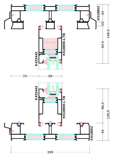 Verticale doorsnede Aluprof MB-59HS 3-sporig zonder aanslag, boven 148,5 mm en onder 130,5 mm, kader 199 mm