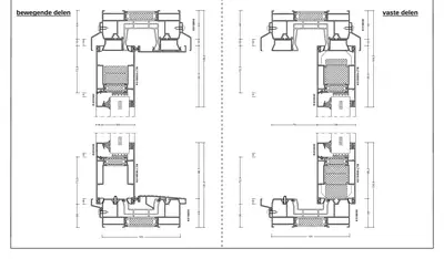 Verticale doorsnede Aluprof MB-59HS 2-sporig zonder aanslag, bewegend en vast deel, kader 120 mm, 148,5 en 130,5 mm
