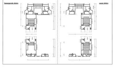 Verticale doorsnede Aluprof MB-59HS 2-sporig met lage onderdorpel van 15,5 mm, boven 148,5 en onder 102 mm