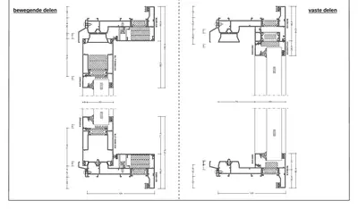 Verticale doorsnede Aluprof MB-59HS monorail met aanslag, schuivend en vast deel, 155,9 en 137,9 mm