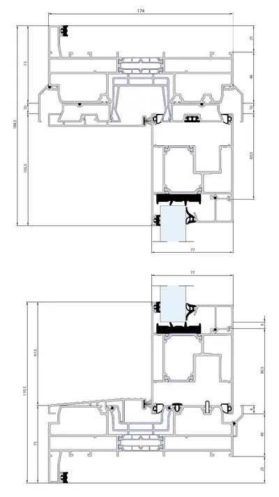Fabrieksdoorsnede Aluprof MB-77HS, verticale doorsnede door boven- en onderkant van een hefschuifpui, kader 174 mm breed en vleugel 77 mm, boven 188,5 en onder 170,5 mm in het zicht
