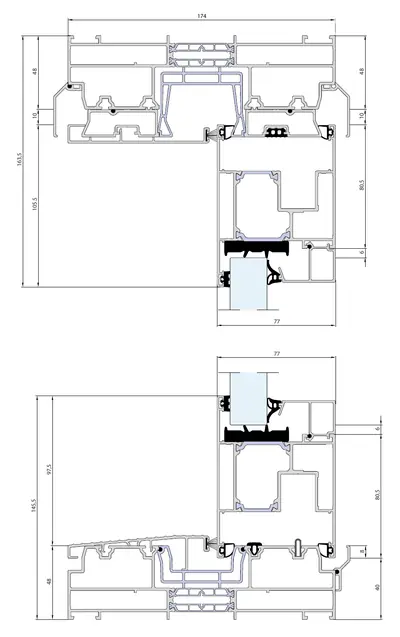 Verticale doorsnede Aluprof MB-77HS 2-sporig zonder aanslag, boven 163,5 mm en onder 145,5 mm, kader 174 mm