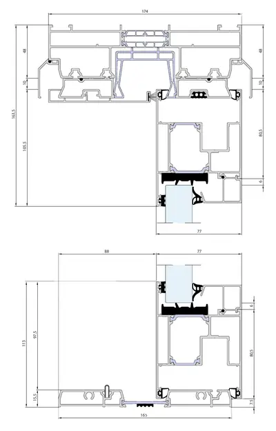 Verticale doorsnede Aluprof MB-77HS 2-sporig met lage onderdorpel van 15,5 mm, boven 163,5 en onder 113 mm