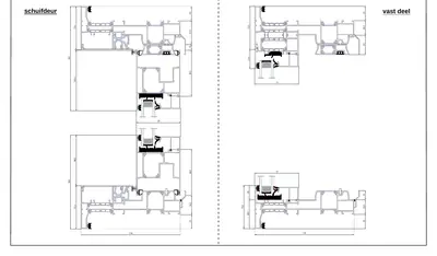 Verticale doorsnede Aluprof MB-77HS monorail met aanslag, schuifdeur 182 en 164 mm naast een vast deel van 77 mm