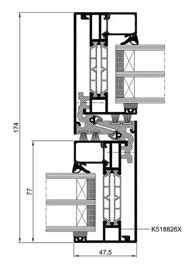 Horizontale doorsnede Aluprof MB-77HS tussenstijl K518826X, twee vleugels van 77 mm in een kader van 174 mm, zijstijl 47,5 mm