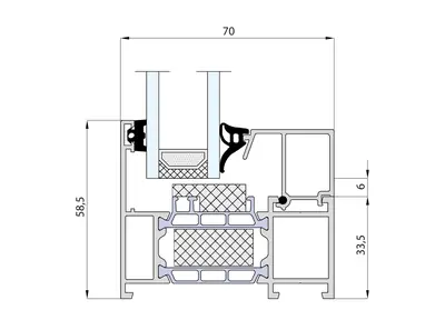 Doorsnede MB-79N kader zonder aanslag met vast glas, maten 70 mm diep en 58,5 mm aanzicht