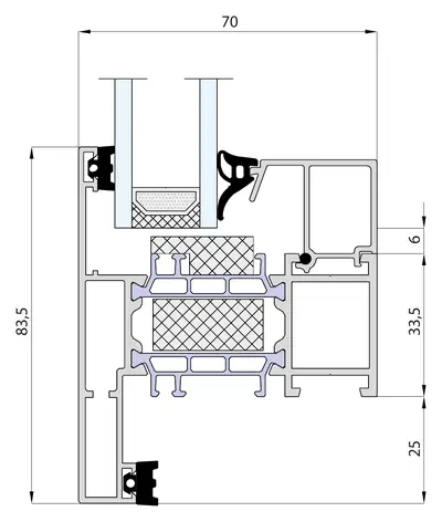 Doorsnede MB-79N kader met aanslag en vast glas, 70 mm diep, aanzicht 83,5 mm