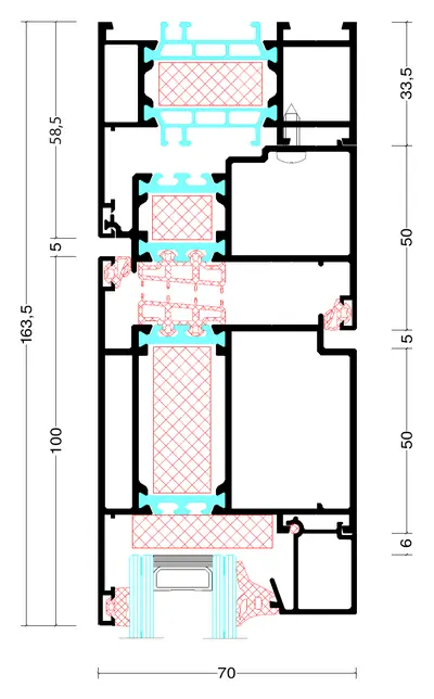 CAD-doorsnede MB-79N kader zonder aanslag en buitendraaiende deurvleugel van 100 mm, samen 163,5 mm in het zicht