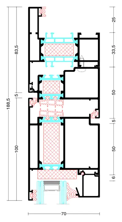 CAD-doorsnede MB-79N kader met aanslag en buitendraaiende deurvleugel van 100 mm, samen 188,5 mm in het zicht