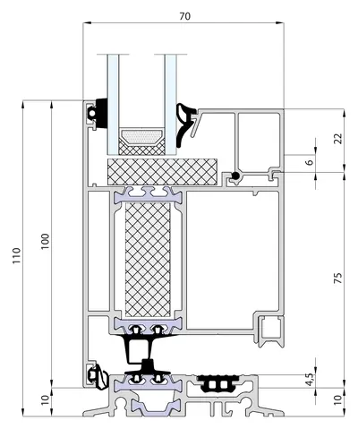 Verticale doorsnede MB-79N onderdorpel: buitendraaiende deurvleugel van 100 mm op een aluminium drempel van 10 mm