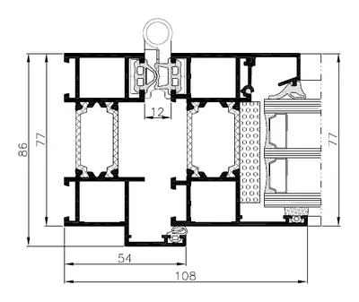 Fabrikantdoorsnede Aluprof MB-86 Fold Line HD, zijkant van de deur: kozijn 86 mm met vleugel 77 mm, aanzicht 108 mm