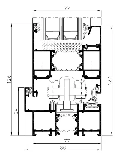 Fabrikantdoorsnede Aluprof MB-86 Fold Line HD, onderkant van de deur met opliggende drempel en afsluitdichting