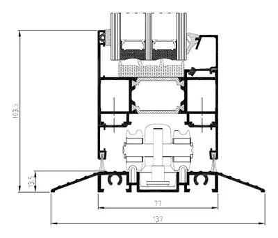 Fabrikantdoorsnede Aluprof MB-86 Fold Line HD, onderkant van de deur met lage drempel van 13,5 mm en afwatering naar beide zijden
