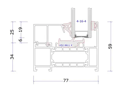 Doorsnede MB-86N kader zonder aanslag met vast glas 4-16-4, maten 77 mm diep en 59 mm aanzicht, profiel K52 8611 X