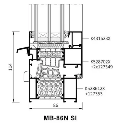 Fabrikanttekening Aluprof MB-86N SI raam, vleugel in kader, aanzicht 114 mm en bouwdiepte 86 mm, met profielnummers