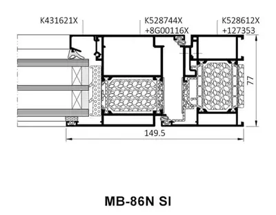 Fabrikanttekening Aluprof MB-86N SI deur, vleugel in kader, met profielnummers