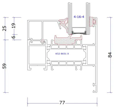 Doorsnede MB-86N kader met aanslag met vast glas, maten 77 mm diep en 84 mm aanzicht, profiel K52 8651 X