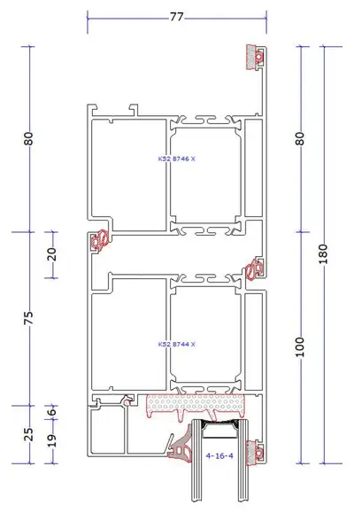 Doorsnede MB-86N deur naar binnen draaiend in kader met aanslag, totaal 180 mm, profielen K52 8746 X en K52 8744 X