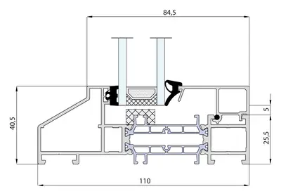 Doorsnede MB-Ferroline kader zonder aanslag met vast glas, 110 mm diep inclusief staallook-neus, glasvak 84,5 mm, aanzicht 40,5 mm