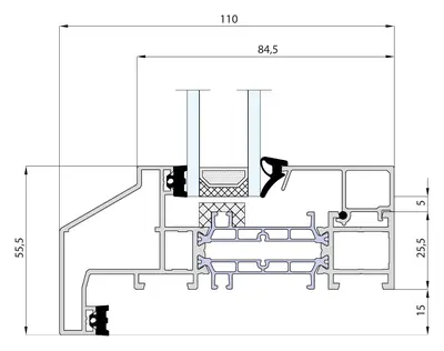 Doorsnede MB-Ferroline kader met aanslag en vast glas, 110 mm diep, glasvak 84,5 mm, aanzicht 55,5 mm