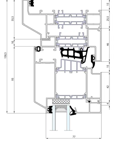 Doorsnede MB-Ferroline kader met aanslag en buitendraaiende deurvleugel van 93 mm, samen 158,5 mm in het zicht