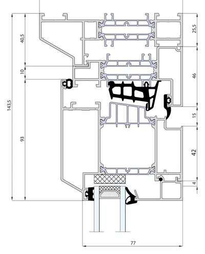 Doorsnede MB-Ferroline kader zonder aanslag en buitendraaiende deurvleugel, samen 143,5 mm in het zicht