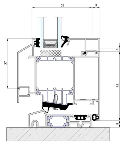 Verticale doorsnede MB-Ferroline onderdorpel: deurvleugel van 78 mm boven een aluminium drempel, met 8 mm afdichting