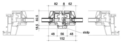 Fabrieksdoorsnede Gealan S 9000 Base, horizontale koppeling op een middenstijl tussen twee draaikiepvakken, middenstijl 152 mm breed