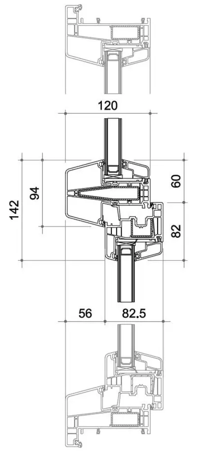 Fabrieksdoorsnede Gealan S 9000 Base, verticale koppeling op een tussenregel tussen twee gestapelde draaikiepvakken, regel 142 mm hoog
