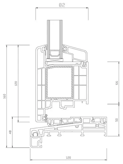 Fabrieksdoorsnede Gealan S 9000 Haax, verticale doorsnede door de onderdorpel van een draaikiepraam, rechte blokvormige kader zonder aanslagsponning, totale hoogte 160 mm