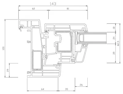 Fabrieksdoorsnede Gealan S 9000 Haax, horizontale doorsnede door kader en draaikiepvleugel naast elkaar, samen 143 mm in het zicht