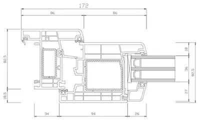 Fabrieksdoorsnede Gealan S 9000 Slim, horizontale doorsnede door een stolpraam met twee vleugels die in het midden samenkomen, totaal 172 mm