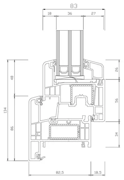 Fabrieksdoorsnede Gealan S 9000 Slim, verticale doorsnede door de onderdorpel van een draaikiepraam, totaal 134 mm