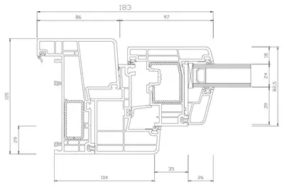 Fabrieksdoorsnede Gealan S 9000 Styl, horizontale doorsnede door kader en draaikiepvleugel naast elkaar, 86 plus 97 mm, samen 183 mm in het zicht, vleugel 82,5 mm diep