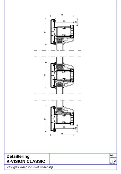 Doorsnede K-vision Classic, vast glas met tussenstijl, kader 76 mm diep en 84 mm in het zicht