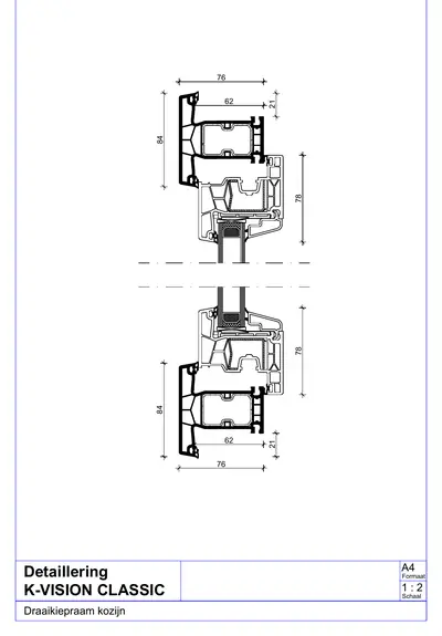 Doorsnede K-vision Classic, draaikiepraam, kader 76 mm diep en 84 mm in het zicht, vleugel 78 mm